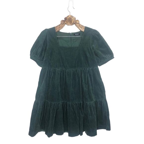 Madewell Dress A Line Voluminous Tiered Corduroy Puff Sleeve Green Mini Pockets - Picture 8 of 8